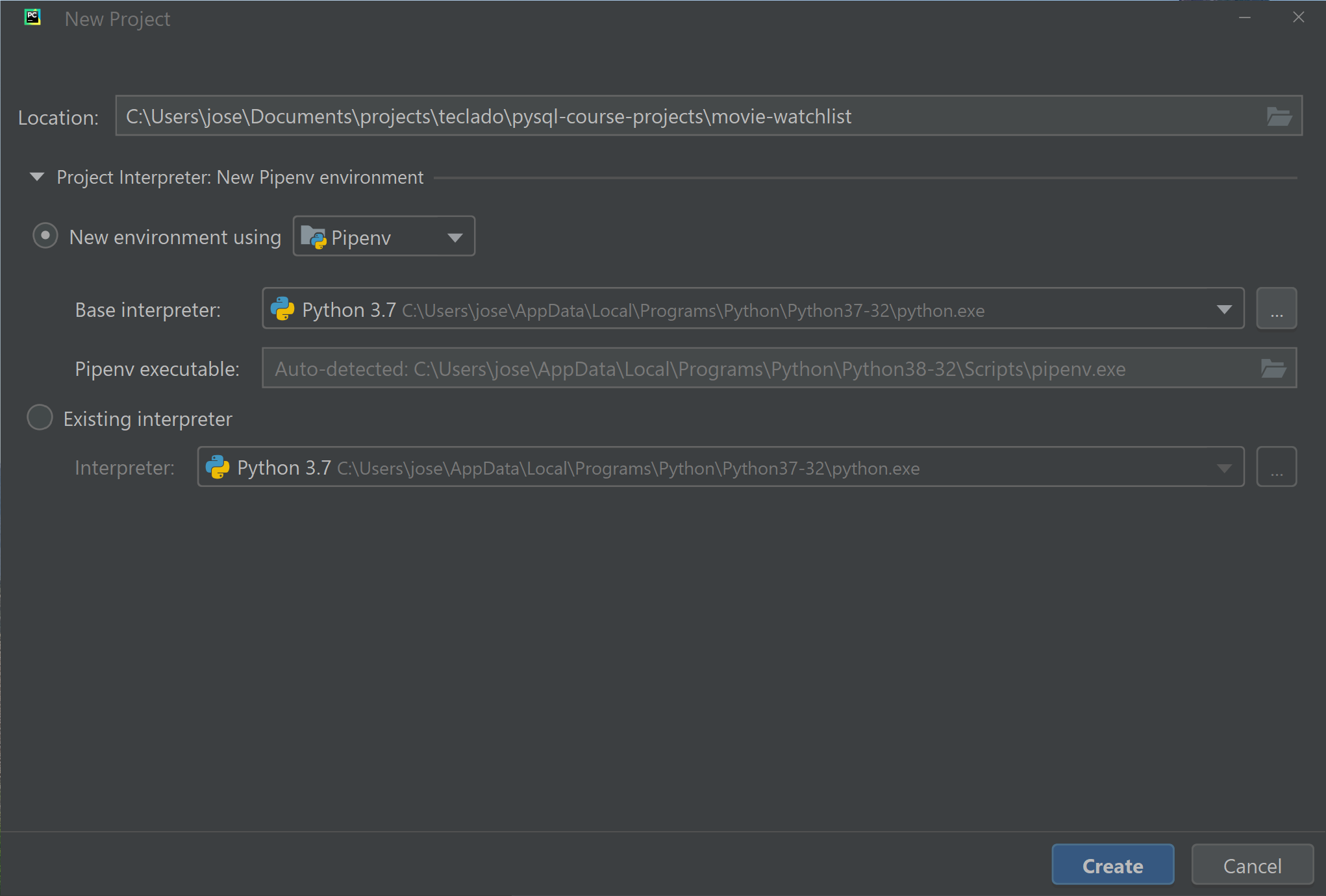 Creating a new PyCharm Project with Pipenv