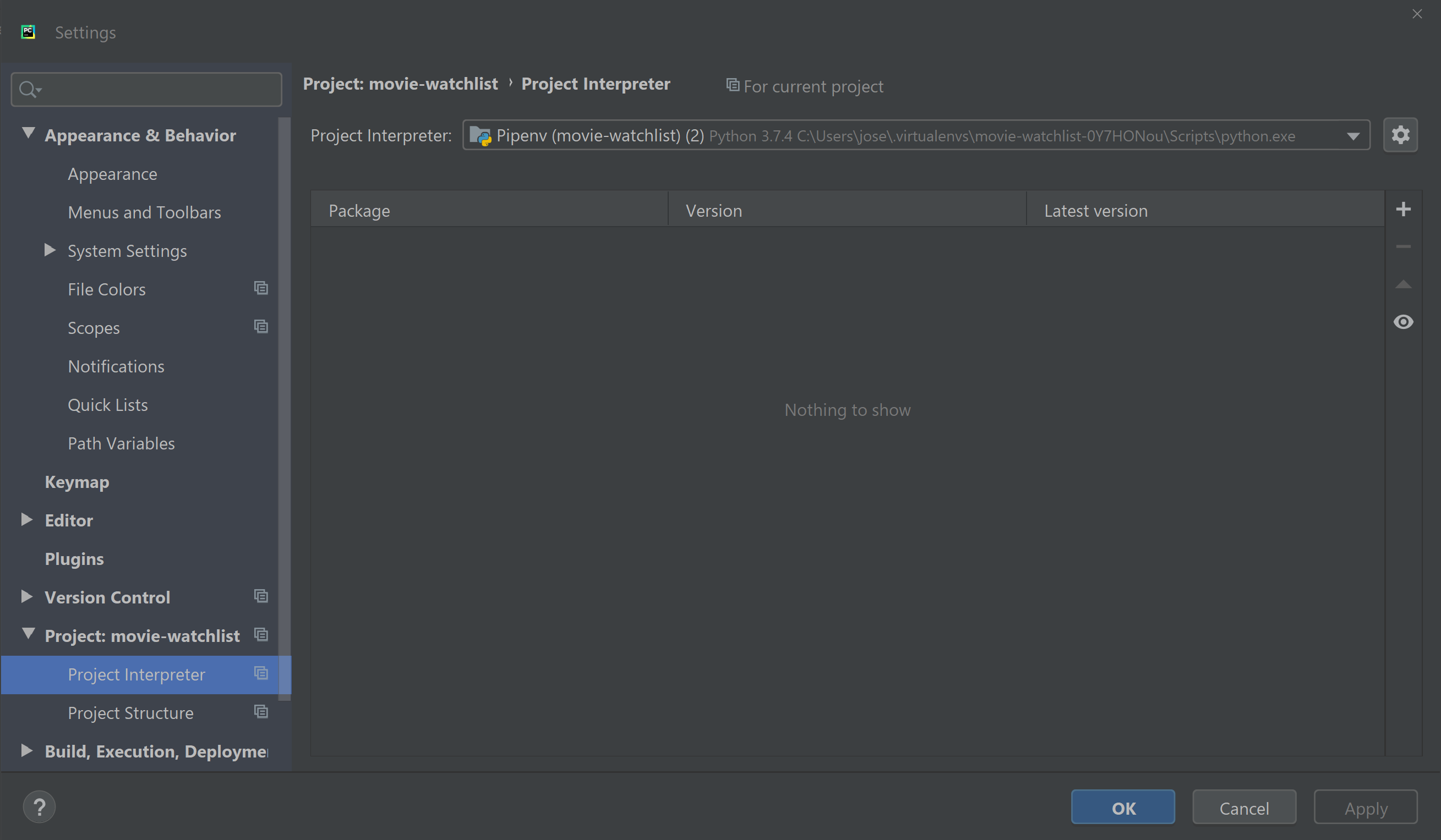 Project Interpreter Settings in PyCharm Preferences