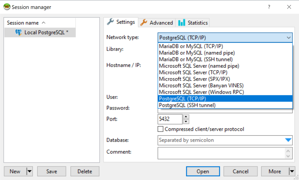 Selecting the database type